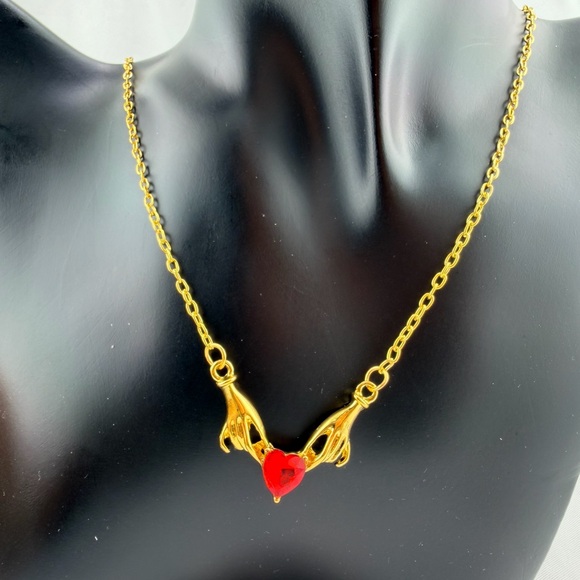 Gold Hands Holding Red Heart Necklace Romantic - Picture 4 of 11